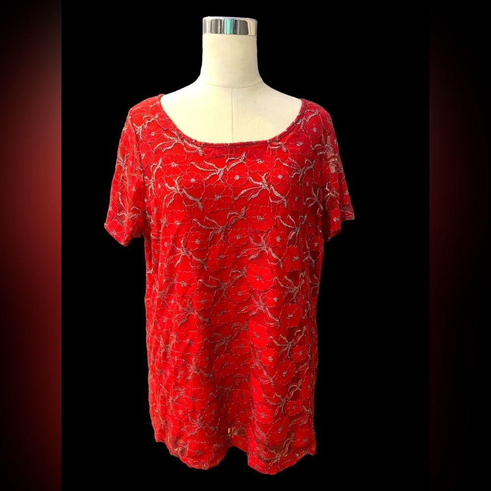 Red And Silver Accent Floral Lace Short Sleeve Blouse